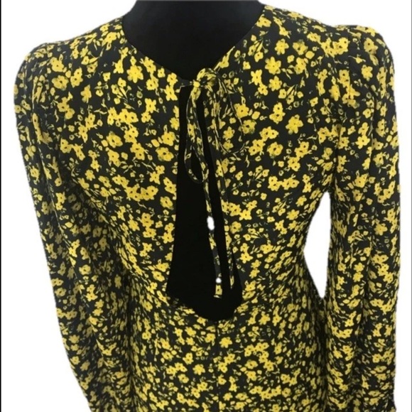 NWT Topshop Floral Godet Twist Back Long Sleeve Midi Dress Yellow Black Size 6 - Picture 7 of 7